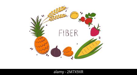 Cibo contenente fibre. Gruppi di prodotti sani contenenti vitamine e minerali. Set di frutta, verdura, carne, pesce e latticini Illustrazione Vettoriale