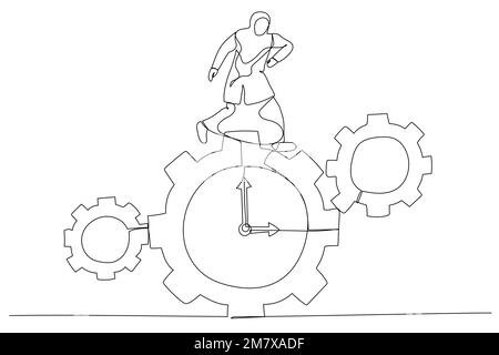 Illustrazione di una donna d'affari musulmana che corre lungo la marcia sotto forma di orologio. Concetto di controllo del tempo. Stile artistico a una linea Illustrazione Vettoriale