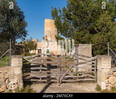 Felanitx, Spagna; gennaio 05 2023: Vecchio mulino in pietra trasformato in una casa chiamata molino de n'hereu, nella città maiorchina di Felanitx, Spagna Foto Stock