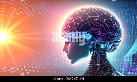 Intelligenza artificiale. L'intelligenza artificiale si dirige con il cervello della rete neurale che pende sul podio digitale virtuale. Volto saggio femminile nel cyberspazio. Apprendimento automatico. Attenzione Foto Stock