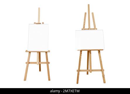 Tavole d'arte vuote e cavalletti in legno per aggiungere dipinti o quadri isolati su sfondo bianco Foto Stock