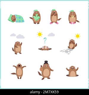Set di simpatici cartoni animati Groundhog in varie pose. Illustrazione vettoriale Illustrazione Vettoriale