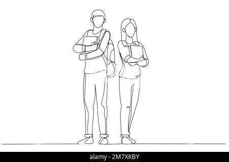 Disegno di giovani studenti coppia in piedi e posa di fronte al campus. Stile artistico a linea continua singola Illustrazione Vettoriale