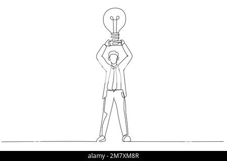 Disegno delle mani dell'uomo d'affari prenda una tazza del trofeo che assomiglia ad una lampadina sul piedistallo. Stile artistico a linea continua singola Illustrazione Vettoriale