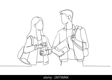 Disegno di amici studenti che indossano abiti casual che parlano insieme camminando per strada. ART a linea continua singola Illustrazione Vettoriale