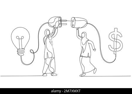 Illustrazione della donna d'affari musulmana araba collega la lampadina con il concetto del segno del dollaro del denaro di sostegno finanziario. Stile artistico a linea singola Illustrazione Vettoriale