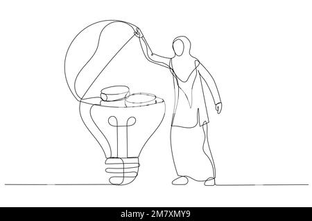 Disegno della donna d'affari musulmana araba apre l'idea luminosa della lampadina e ha trovato le monete di soldi. Stile artistico a linea singola Illustrazione Vettoriale