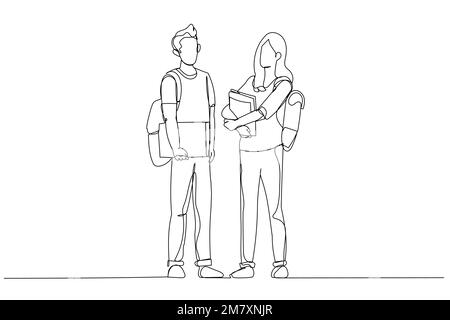 Disegno di due studenti universitari in piedi e in posa davanti alla classe. Stile artistico a linea continua Illustrazione Vettoriale