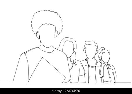 Disegno di un gruppo di studenti allineati. Stile artistico a linea continua singola Illustrazione Vettoriale