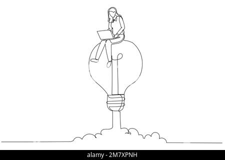 Disegno di una donna d'affari che lavora su un razzo di lampadina al rialzo. Lavorare con creatività. Stile artistico a linea continua singola Illustrazione Vettoriale