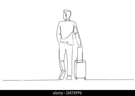 Cartone animato di uomo d'affari in tuta trascinando valigia bagaglio in aeroporto. Stile artistico a una linea Illustrazione Vettoriale