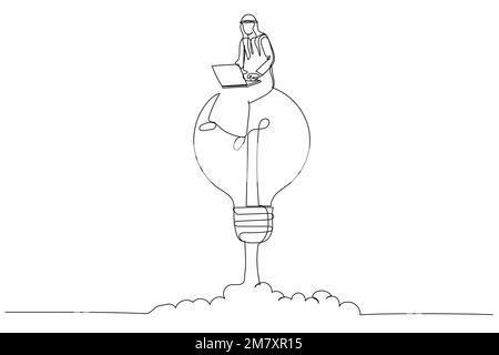 Cartone animato di un uomo d'affari arabo che lavora su un razzo di lampadina al rialzo. Lavorare con creatività. Stile artistico a una linea Illustrazione Vettoriale