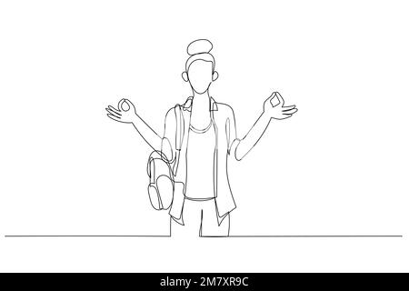 Il disegno dello studente fa gesti, tiene gli occhi chiusi, ascolta musica pacifica. Linea continua ART Illustrazione Vettoriale