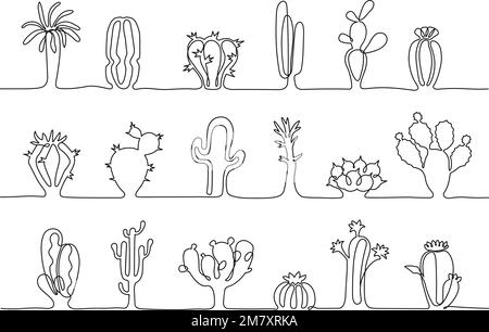 Una linea continua di strisce di cactus. Piante botaniche disegnate a mano, diversi tipi di cactus messicano vettore illustrazione set Illustrazione Vettoriale