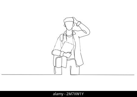 Disegno del giovane uomo americano che indossa lo zaino dello studente che tiene il libro pensando alla prova. Linea continua ART Illustrazione Vettoriale