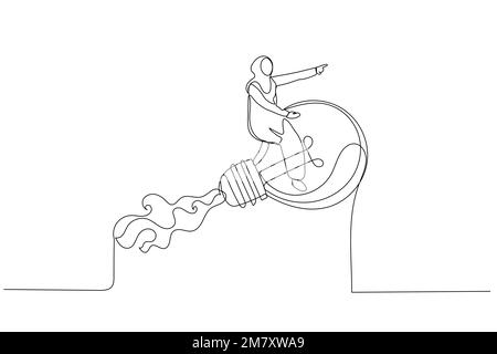 Cartone animato di leader donna d'affari musulmana in sella a una lampada a bulbo luminoso volante con razzo booster nel cielo nuvoloso. Nuova idea creativa. Linea singola art st Illustrazione Vettoriale