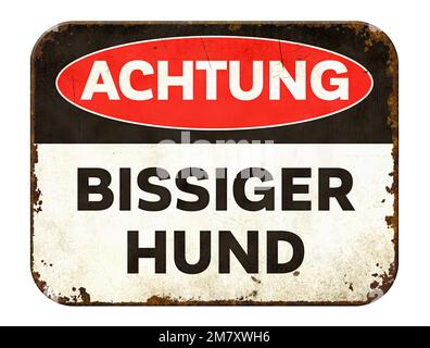 Cartello di pericolo in stagno vintage su sfondo bianco - cane mordente in tedesco - Bissiger Hund Foto Stock