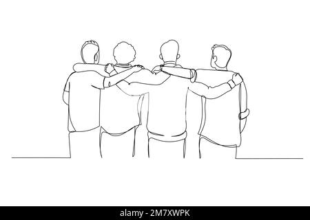 Cartone animato di gruppo di amici mettere le braccia sulle spalle abbracciarsi l'un l'altro. Stile artistico a una linea Illustrazione Vettoriale