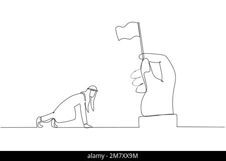 Illustrazione dell'uomo arabo pronto a correre in posizione in attesa della bandiera. Design a linea continua singola Illustrazione Vettoriale