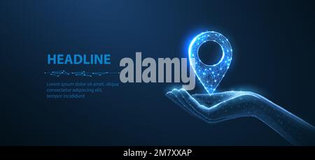 Pin a portata di mano. Astratta un'icona a forma di spillo a portata di mano. Trasporto consegna, mappa posizione, logistica di trasporto, turismo navigare, concetto. Navigazione con punti GPS Illustrazione Vettoriale