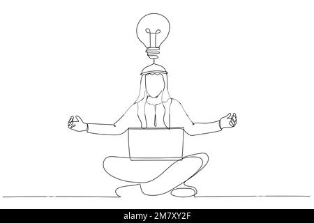 Disegno di un uomo d'affari arabo yoga in concentrazione totale con il laptop. Design in stile artistico a una linea Illustrazione Vettoriale