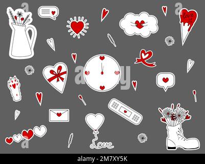 Imposta gli adesivi per San Valentino. Pacchetto romantico icone vettoriali piatte. Illustrazione Vettoriale