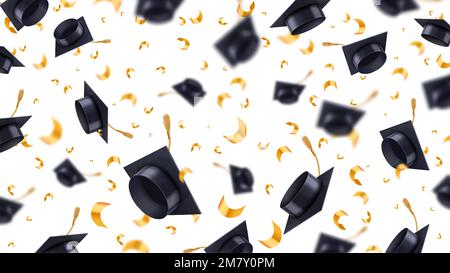 Tappi graduati lanciati in aria. Cappellini volanti con coriandoli d'oro, formazione realista vettore 3D background Illustrazione Vettoriale