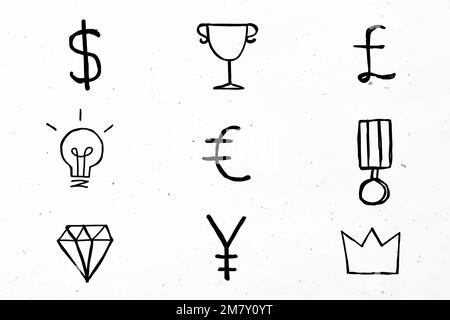 Simboli di valuta vettoriale neri icone doodle set Illustrazione Vettoriale