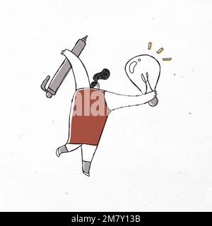 Vettore donna creativa tenendo penna e lampadina icona cartone animato Illustrazione Vettoriale