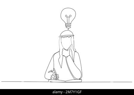 Cartone animato di un uomo d'affari arabo che pensa alle idee produttive seduti al computer portatile e al blocco note per appunti. Design in stile artistico a una linea Illustrazione Vettoriale