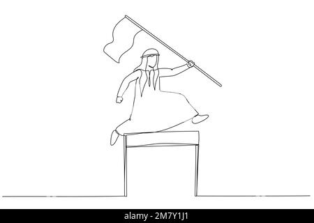Disegno di un uomo arabo che gareggia in gara tenendo una bandiera leader che salta sopra il concetto di ostacolo di determinazione. Design di stile artistico a linea continua Illustrazione Vettoriale