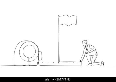 Disegno di un uomo d'affari che utilizza il nastro di misurazione per analizzare la distanza dalla bandiera bersaglio. Design unico in stile artistico a linea continua Illustrazione Vettoriale