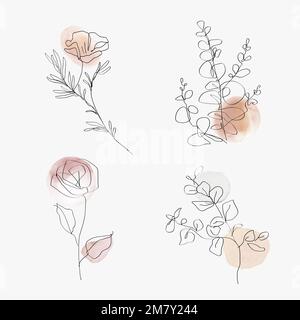 Fiori linea arte vettore acquerello botanico minimo illustrazione insieme Illustrazione Vettoriale