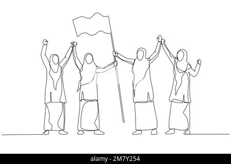 Disegno di imprenditrice musulmana che alza la bandiera raggiungendo la cima e il successo. Design unico in stile artistico a linea continua Illustrazione Vettoriale