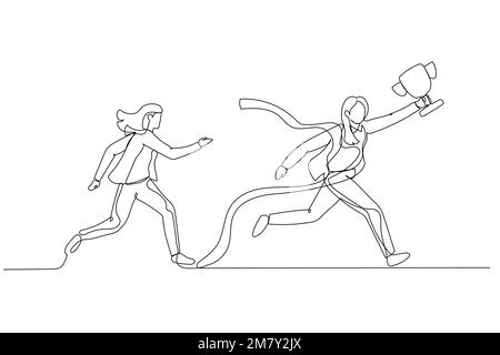 Disegno di una donna d'affari arrivare al traguardo vincendo feroce concorrenza. Design a linea continua Illustrazione Vettoriale