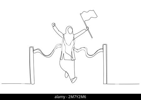Cartone animato di donna d'affari musulmana che detiene la bandiera del numero primo posto nella linea di arrivo. Design di stile artistico a linea singola Illustrazione Vettoriale