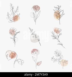 Fiori linea arte vettore acquerello botanico minimo illustrazione insieme Illustrazione Vettoriale