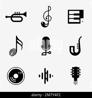 Design modificabile con icone vettoriali in formato flat music in bianco e nero Illustrazione Vettoriale