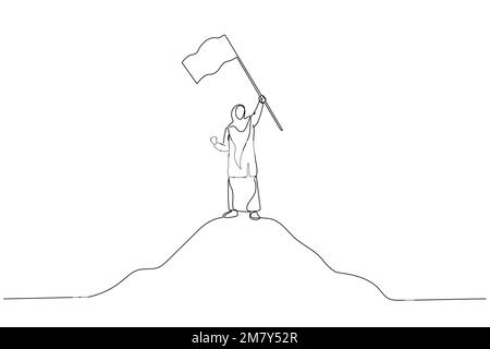 Cartone animato di imprenditrice musulmana e bandiera sulla metafora di montagna superiore per il successo. Design artistico di una linea Illustrazione Vettoriale