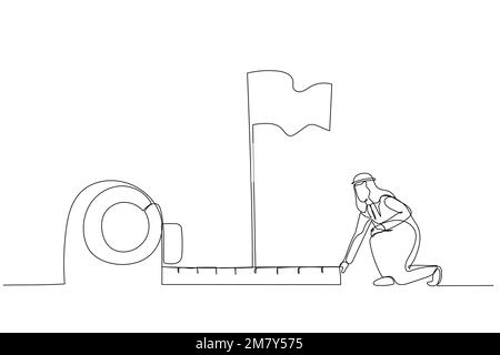 Cartone animato di un uomo arabo che utilizza il nastro di misurazione per analizzare la distanza dalla bandiera bersaglio. Design artistico di una linea Illustrazione Vettoriale