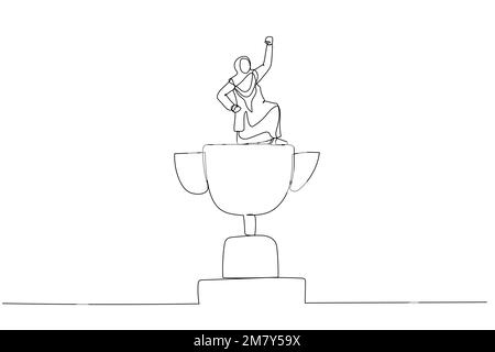 Disegno di una donna d'affari musulmana vincitore alzare la bandiera sul trofeo vincente ottenere la vittoria. Design di stile artistico a linea singola Illustrazione Vettoriale