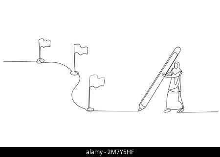 Disegno di imprenditrice musulmana usando la linea di disegno della matita con la bandiera come pietre miliari. Design di stile artistico a linea continua Illustrazione Vettoriale