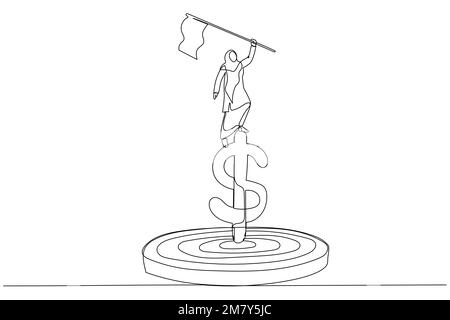 Cartone animato della donna musulmana di affari che tiene la bandiera del vincitore sopra il concetto di obiettivo di soldi del dollaro di obiettivo finanziario. Design unico in stile artistico a linea continua Illustrazione Vettoriale