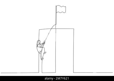 Illustrazione di una donna di affari musulmana che arrampica su una scogliera su un concetto della corda di crescita di carriera. Design di stile artistico a linea continua Illustrazione Vettoriale