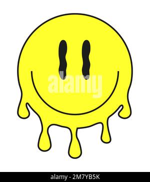 Vettore di volti sorridenti groovy. Emoji che sgocciola i doodle retrò. Divertente LSD, surreale, techno, sciogliendo segno facciale. Emoji acide, trippy, psichedeliche Illustrazione Vettoriale