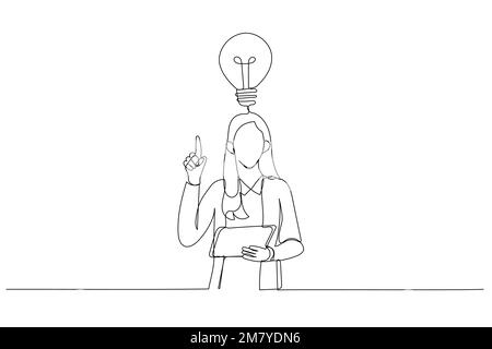 Illustrazione di astonish businesswoman finalmente trovato una soluzione come fare l'esercitazione che ha sollevato la penna ed il taccuino nelle mani. Un'arte a linea continua Illustrazione Vettoriale