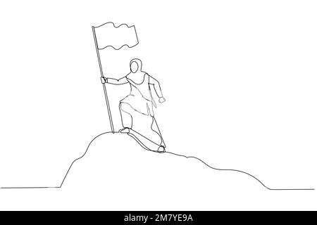 Cartone animato di imprenditrice musulmana in piedi sulla cima della cima di montagna che detiene bandiera come conquistatore. Un design in stile artistico a linea continua Illustrazione Vettoriale