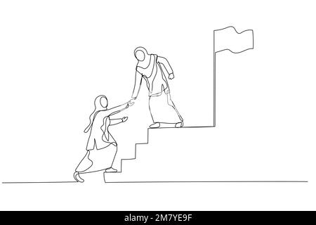 Illustrazione di donna musulmana imprenditore aiutare amico per avere successo e raggiungere l'obiettivo di raggiungere l'obiettivo. Design di stile artistico a linea singola Illustrazione Vettoriale