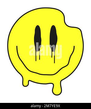 Vettore di volti sorridenti groovy. Emoji che sgocciola i doodle retrò. Divertente LSD, surreale, techno, sciogliendo segno facciale. Emoji acide, trippy, psichedeliche Illustrazione Vettoriale