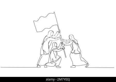 Disegno di imprenditrice musulmana con bandiera come simbolo di successo e di altezze. Design a linea continua Illustrazione Vettoriale